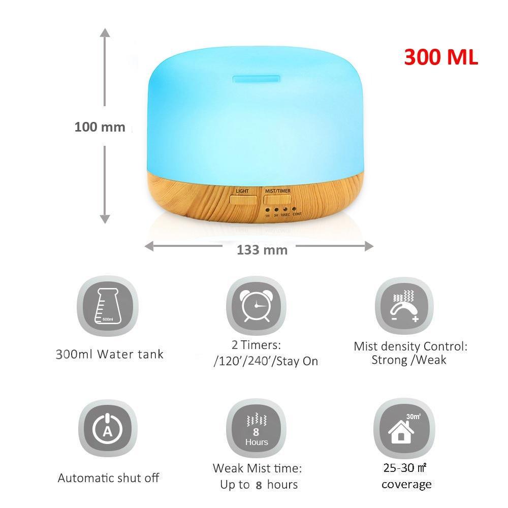 Air Humidifier Essential oil diffuser 300ML 500ML Ultrasonic Cool Mist Maker Fogger Humidifier LED Lamp Aroma Diffuser Electric  Aromatherapy Diffuser umidifier Aroma Essential Oil Diffuser with 4 Timers 2 Misting Modes Waterless Auto Off