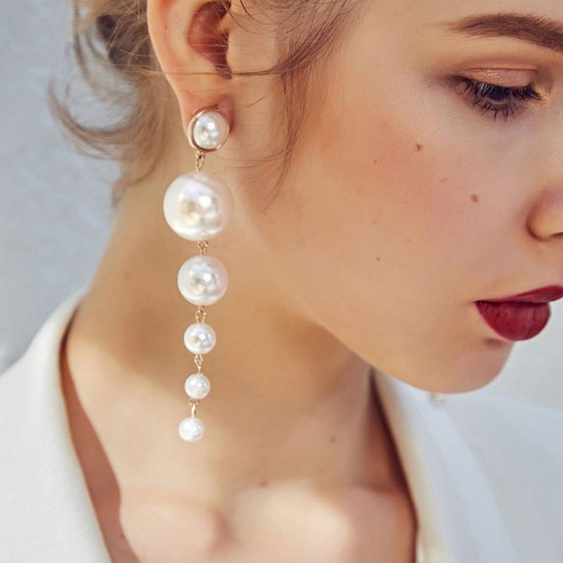 New Luxury Trendy Elegant Big Simulated Pearl Long Earrings With String Statement For Women