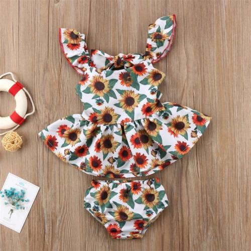 Newborn Baby Girls Outfits with Sunflower Top Dress Bottoms Bow Back Dress For Baby Girls