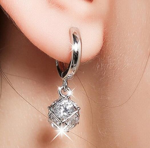 Great Luxury 925 Sterling Silver Jewelry Crystal Ball Elegant Stud Earrings For Women Modern Sterling Silver Jewelry