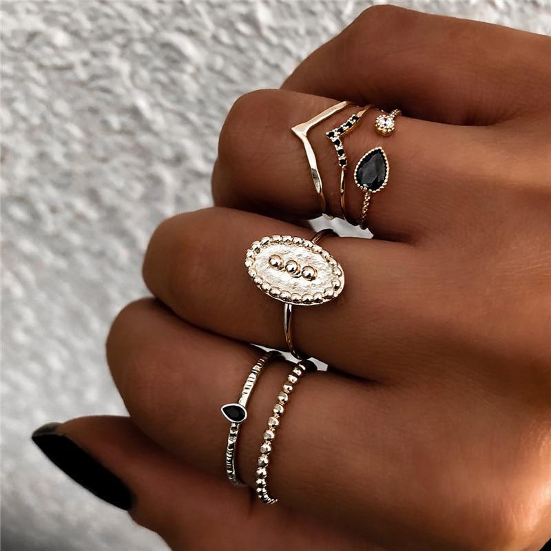 NEW 2020 Tren Bohemian Vintage Gold Crescent Geometric Ring Set for Women In Crystal Personality Design Ring Set Party Jewelry Gift