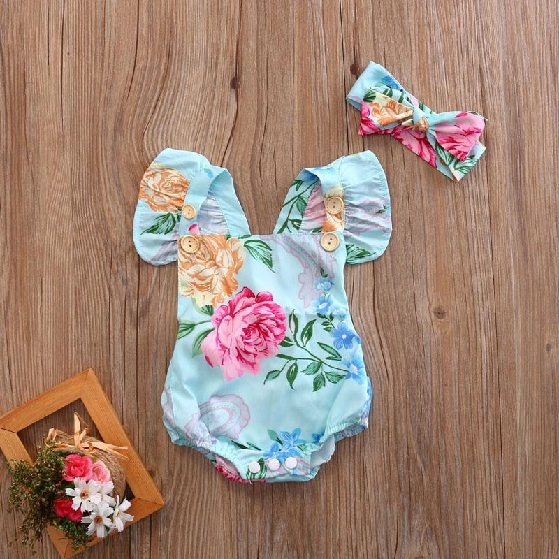 Floral Sleeveless Cotton Romper Jumpsuit Headband Outfits Sunsuit For Newborn Babies For Girls In Modern Colorful Design 0-24M Kids