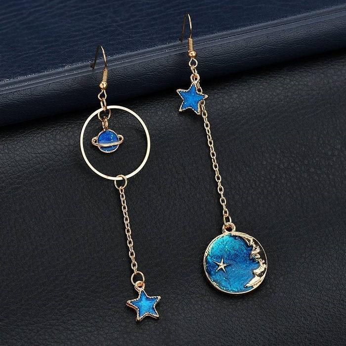 New Modern Fashion Blue Space Universe Elegant Moon Star Luxury Earrings For Women Perfect Gold Color Universe Planet Circle Asymmetry Trendy Long Earrings