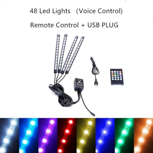 Interior Car Lights LED Car Strip Lights with Two-Line Waterproof Design RGB LED Strip Light With USB Wireless Remote Music Control Multiple Modes and Music Sync Under Dash Car Lighting with Car Charger, DC 12V