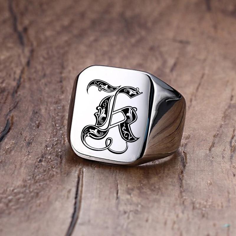 Modern Letter Retro Initials Signet Ring for Men 18mm Bulky Heavy Stamp Male Band Stainless Steel Letters Custom Jewelry Gift for Him