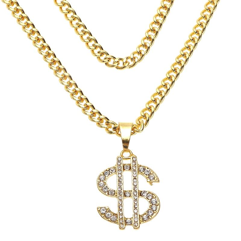 Luxury Dollar Shiny Diamond Pendant Necklaces Luxury Gold Color Long Chain Necklace Men adn Women Accessories