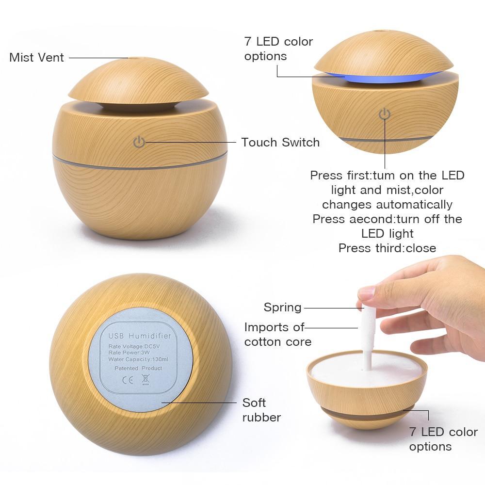 Mini Air Humidifier Ultrasonic USB Aroma Wood Grain LED Night Light  Electric Essential Oil  Diffuser Aromatherapy Home