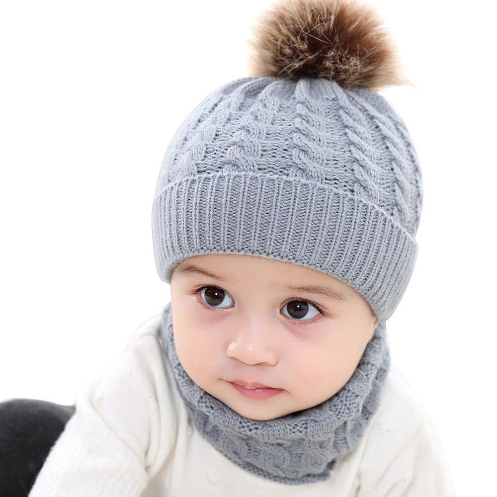 Trend New Toddler Hat Baby Girls and Boys Winter Warm Knitted Wool Hemming Hat Beanie Cap and Warm Scarf