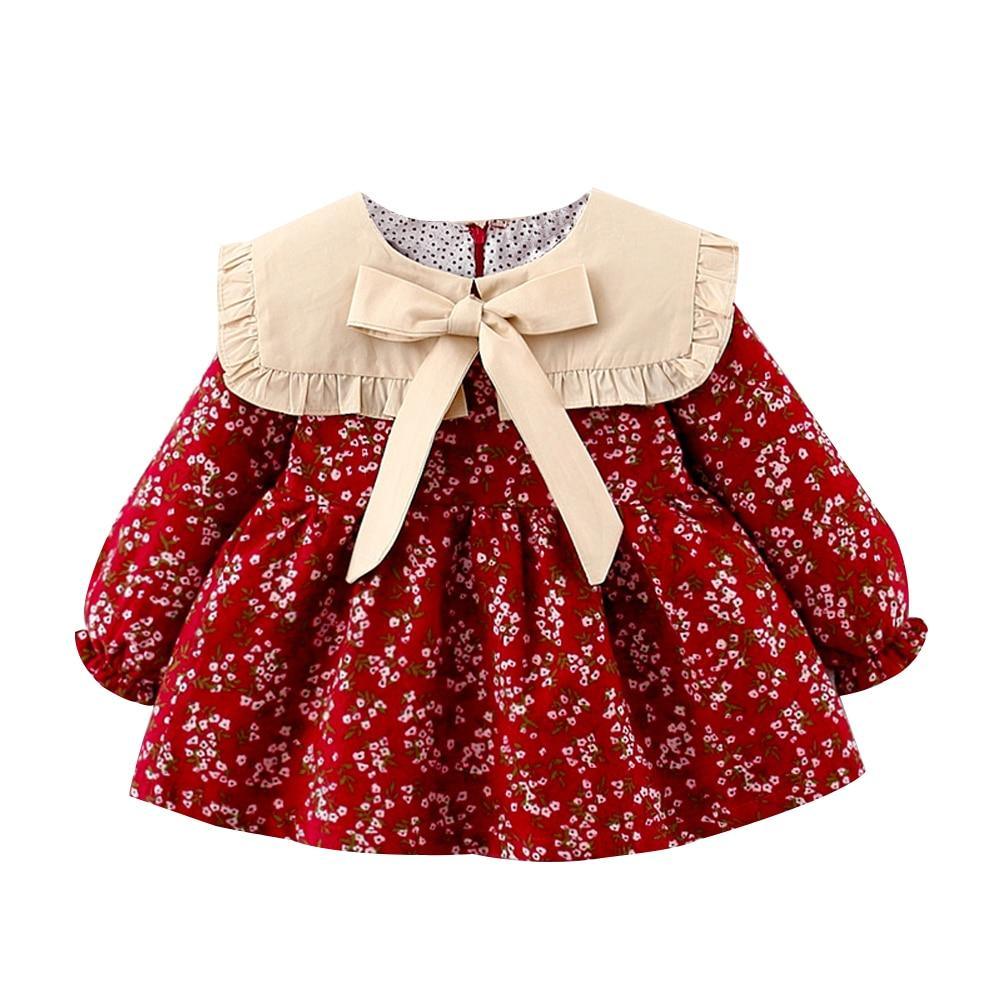 Modern Retro Girl Dress  For Winter Newborn Infant Dress Fashion Cute Cotton Floral Bow baby Party Dress