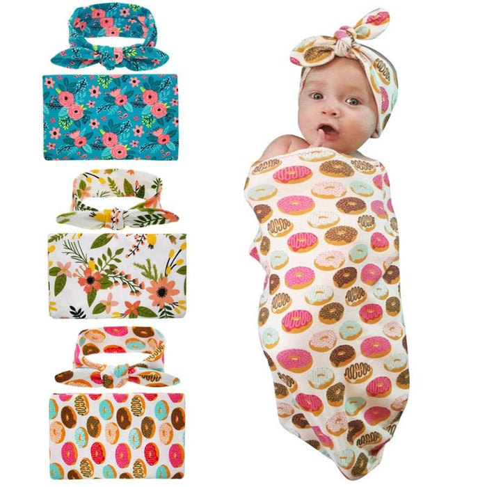 Swaddle Blanket Set Receiving Wrap Props Newborn Infant Boy Girl Headwear Flower Print Romper With Bow