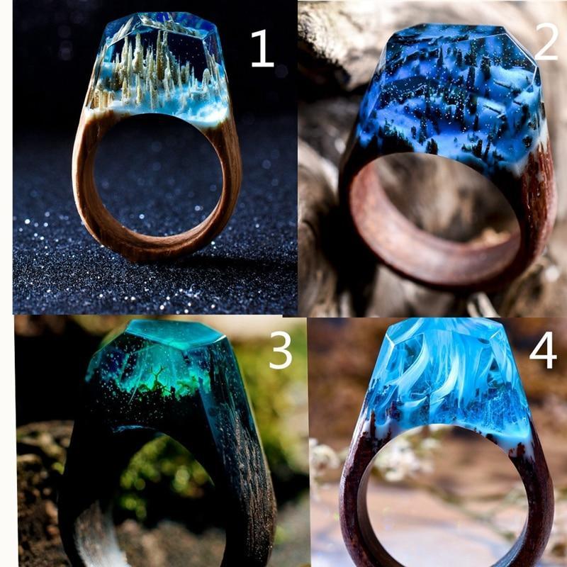 Luxury Handmade Unique Unisex Ring For Womens and Men  Wood Resin Ring Handmade Snowy Mountain Forest Micro Landscape Wooden Rings