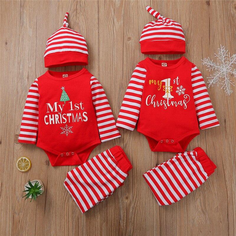 3PCS  Romper Jumpsuits+Striped Pant Christmas Clothes Set Kids for Infant Boys/Girls In Christmas Printed Design