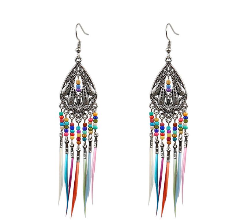 Handmade Modern Elegant Golden Silver Color Ethnic Acrylic Luxury Rainbow Beads Feather Drop Earrings for Women Boho Jewlery