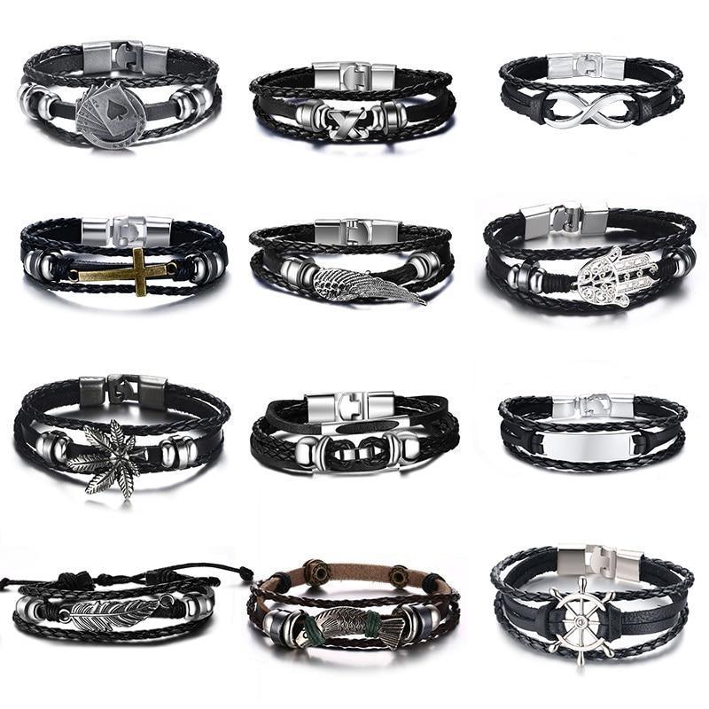 Lucky Vintage Men's Leather Bracelet Playing Cards  Charm Multilayer Braided Men and Women Gift