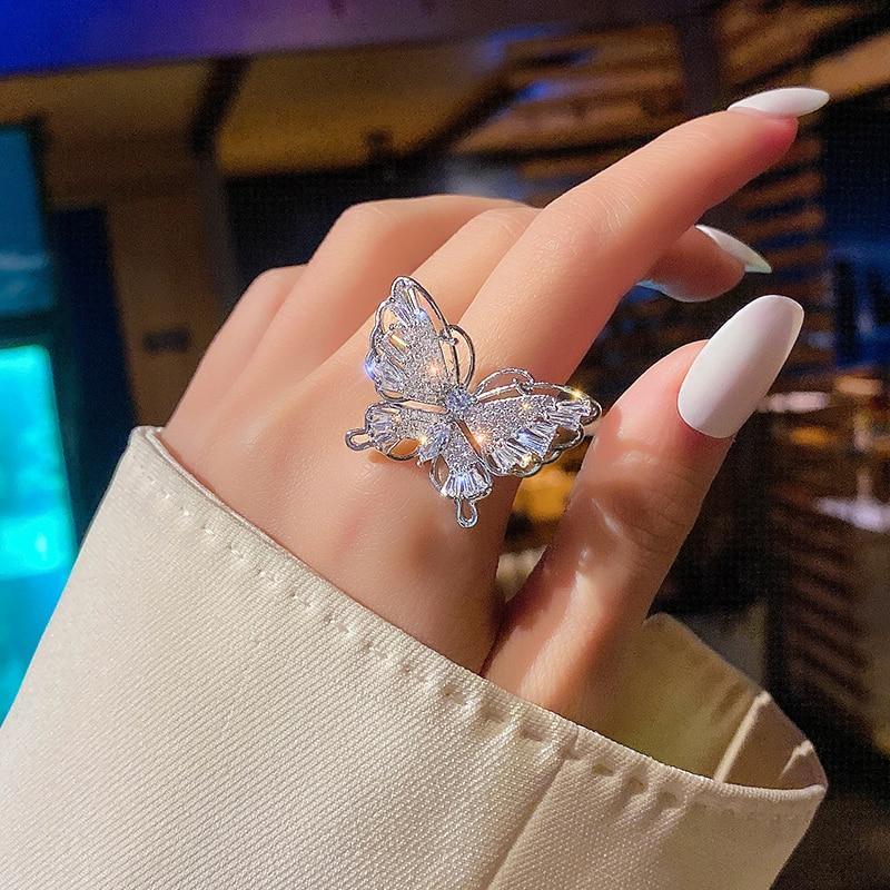 New Design Fashion Jewelry Opening High-Grade  Zircon Butterfly Ring Luxury Shiny Cocktail Party Ring For Women