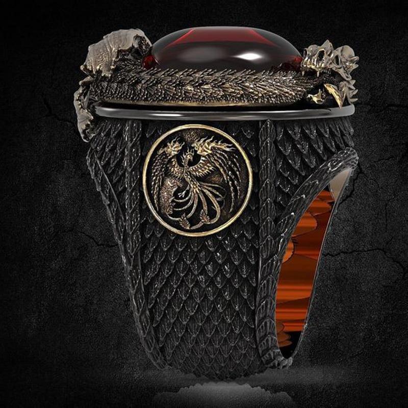 Vintage Gothic Dragon Phoenix Rings For Men Red Zircon In Rock Punk Ring Personality Creative Cocktail Party Rings Jewelry Design