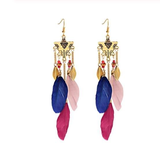 Handmade Modern Elegant Golden Silver Color Ethnic Acrylic Luxury Rainbow Beads Feather Drop Earrings for Women Boho Jewlery