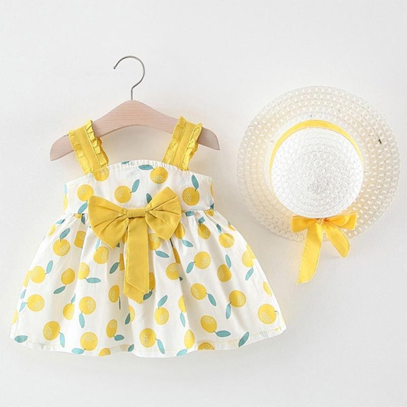 Luxury Modern Baby Girls Dresses With Hat 2pcs Clothes Sets Kids Clothes Baby Sleeveless Dress Print Floral Fruit Design Style