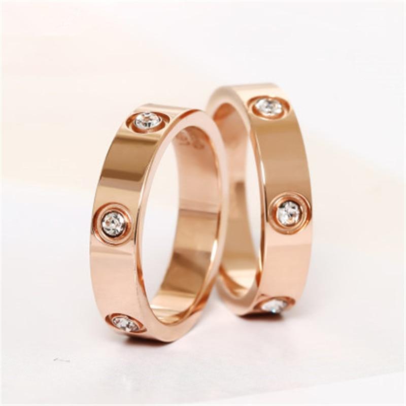 Trendy Stainless Steel Rose Gold Color Modern Love Ring For Women And Men Amazing Couple CZ Crystal Rings Luxury Brand New Jewelry Wedding Gift