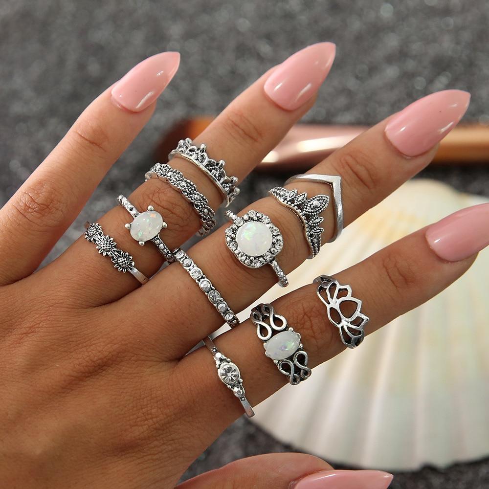 Boho Vintage Gold Star Knuckle Rings For Women BOHO Crystal Star Crescent Geometric Female Finger Rings Set Jewelry