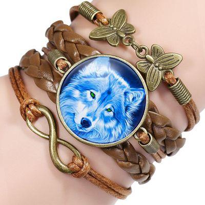 Classic Retro Wolf Head Elegant Bracelet Leather Bangle Luxury Bracelet Jewelry Boho Glass Moon Men Wrap Bangles For Men Women