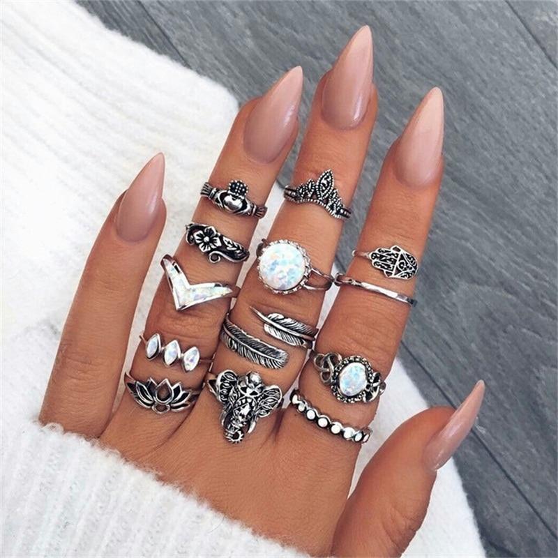 Boho Women Rings Set Compass Arrow Starfish Wave Moon Eyes Gem Gold Silver Color Opening Midi Ring Charm Lady Jewelry