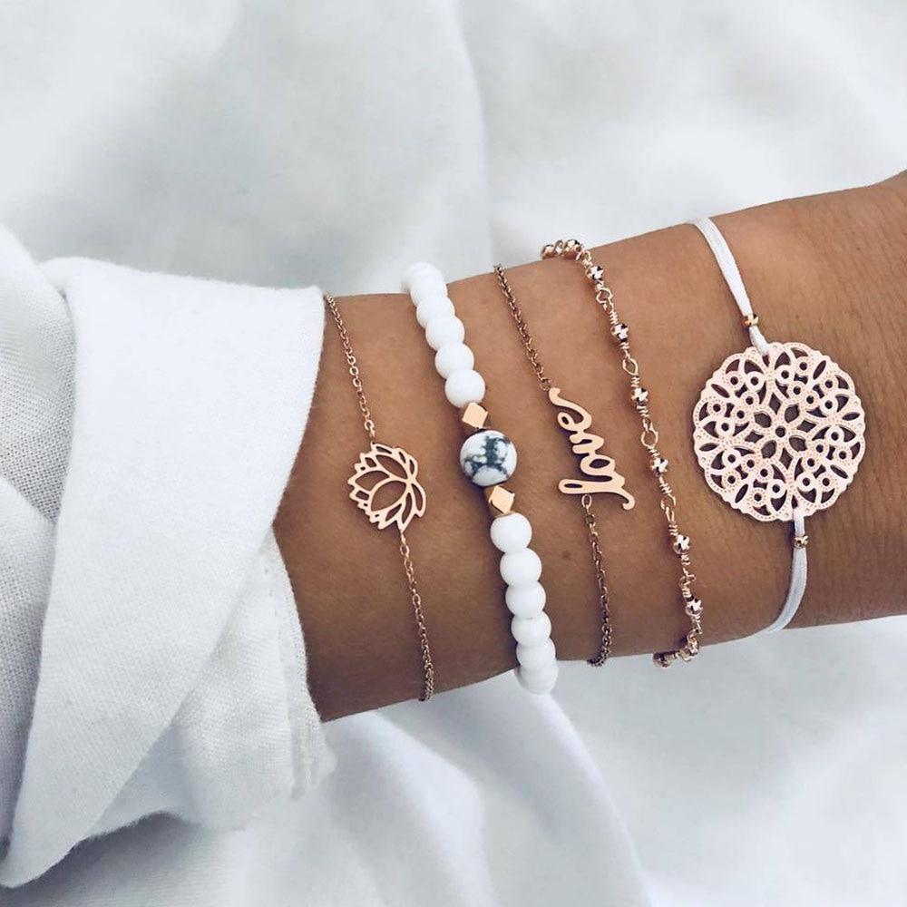 Fashion Bohemia Leaf Round Knot Cuff Bangle Gold Chain Charm Bracelet  for Women Simple Geometric Bracelets Luxury Jewelry