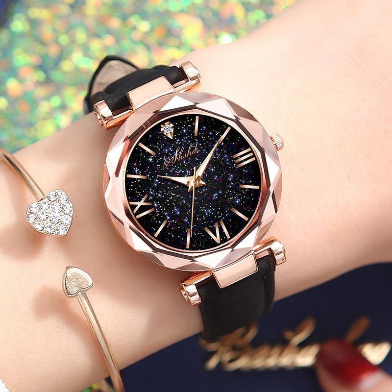 Women Casual Leather Ladies Watch Quartz Wrist Watch Starry Sky Female Clock For Women and Lady and Girls