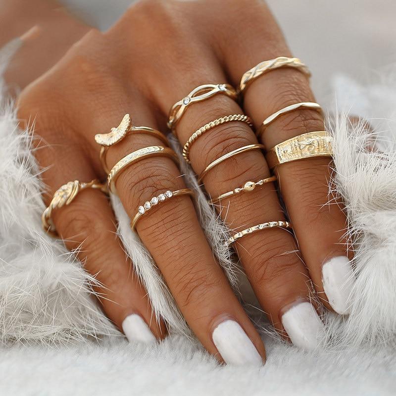 Boho Vintage Gold Star Knuckle Rings For Women BOHO Crystal Star Crescent Geometric Female Finger Rings Set Jewelry