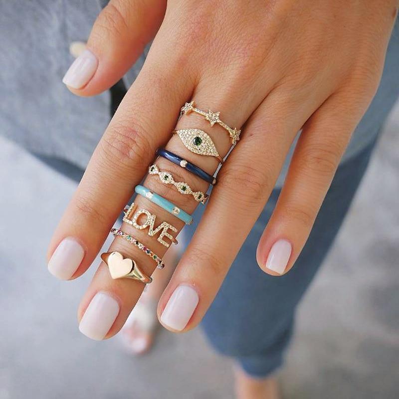 Boho Vintage Gold Star Knuckle Rings For Women BOHO Crystal Star Crescent Geometric Female Finger Rings Set Jewelry