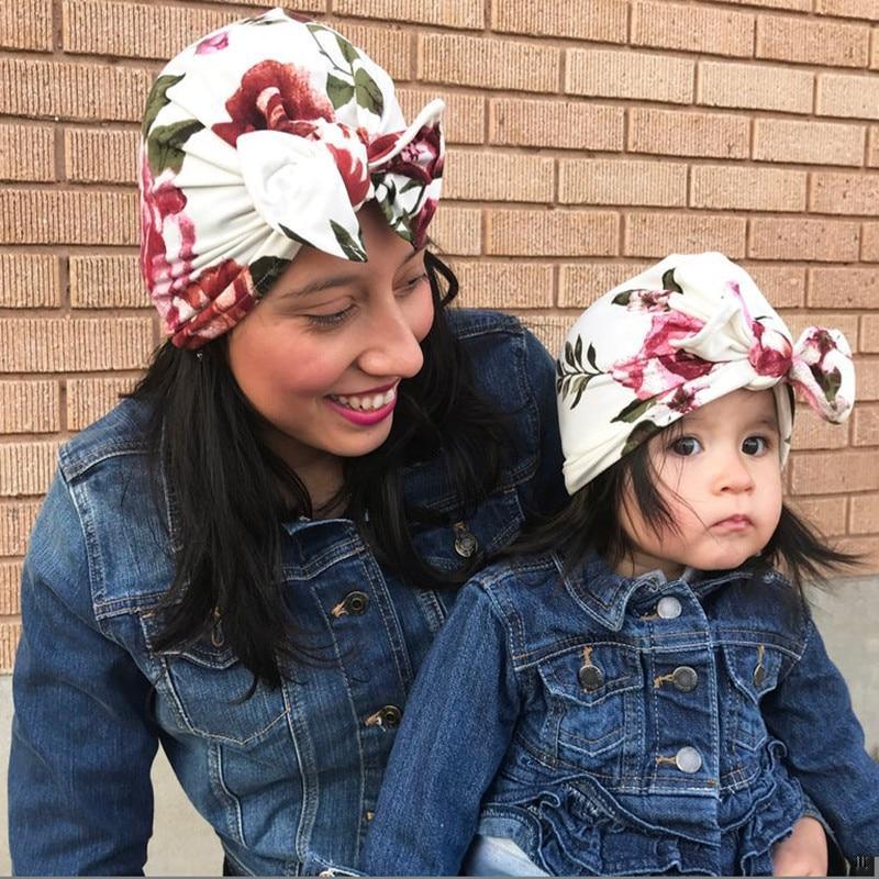 Luxury Modern Newborn Infant Baby Girl Boy and Mom Turban Hat Bows Flower Head Wrap Leopard Hat Cotton Cap For Parent-child