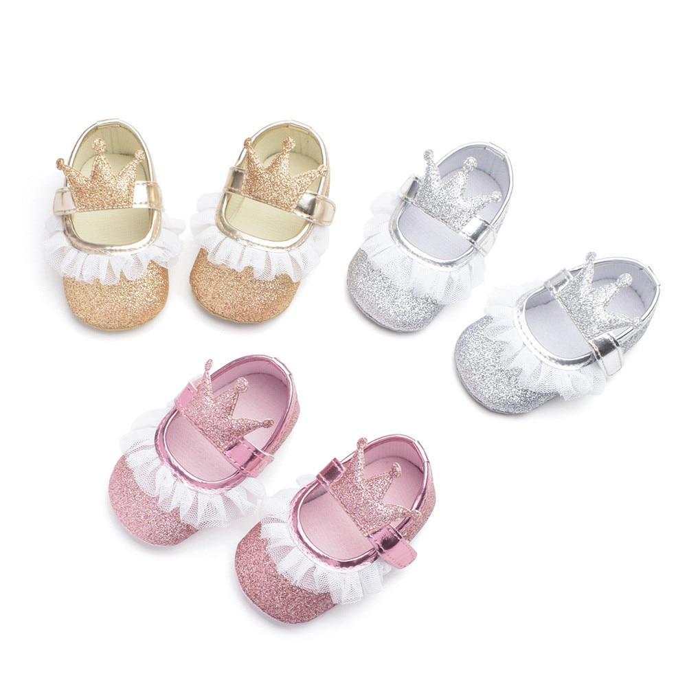 Newborn Infant Baby Girls Shoes Toddler Kids Princess Crown Glitter Design Shoes Soft Sole Anti-slip