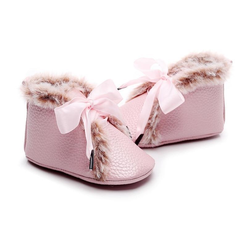 Baby PU Boots Winter Anti-slip Warm First Walkers Soft Soled Booties Toddler Bowknot Lace-up Shoes