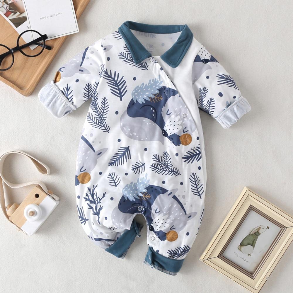 Long Sleeve Cartoon Star Print Romper Infant Elephant Pattern Jumpsuit Keep Warm Clothes For Girls And Boys Kids