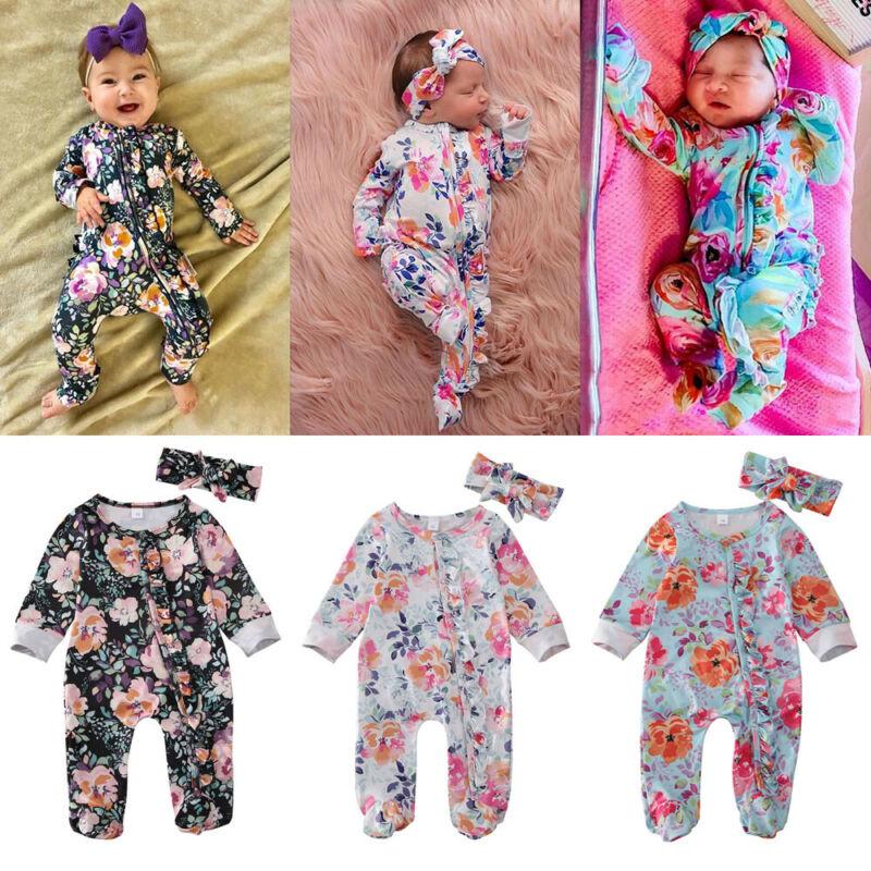 Baby Girls Footies Floral Print Ruffles Single Breasted Playsuit Headband Clothes Outfits For Girls with Bow Floral Printed