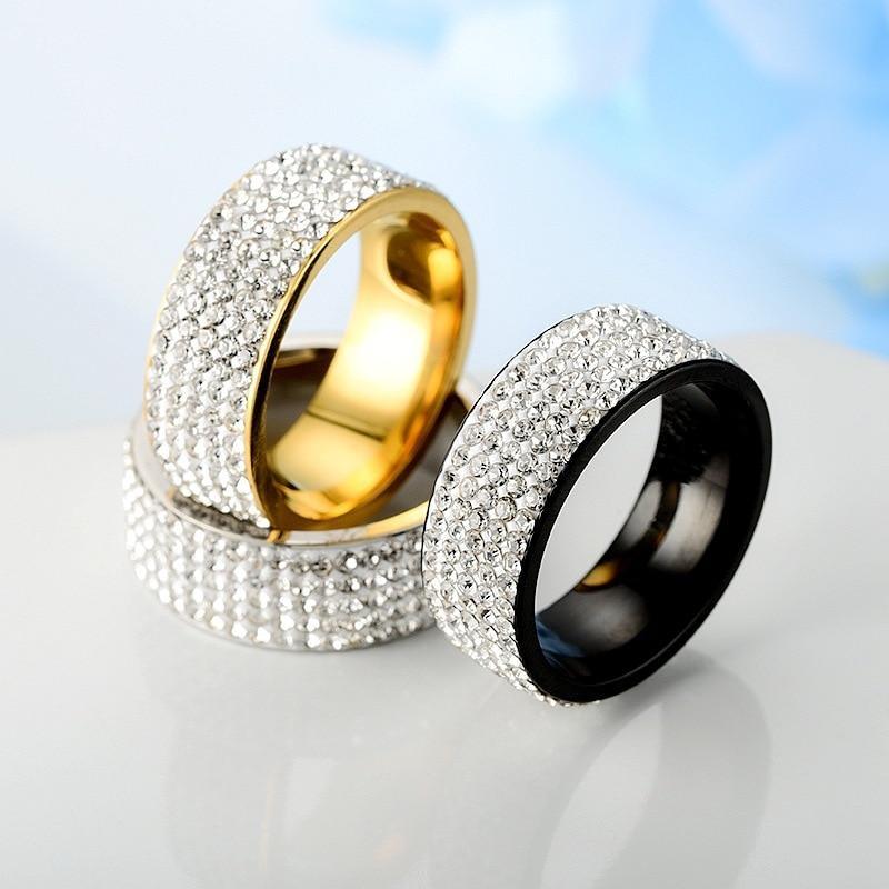 Luxury Modern Stainless Steel Ring With 5 Rows Gold Color Diamonds Crystal Ring Made for Wedding Rings for Women Men In Elegant Jelwery  Design