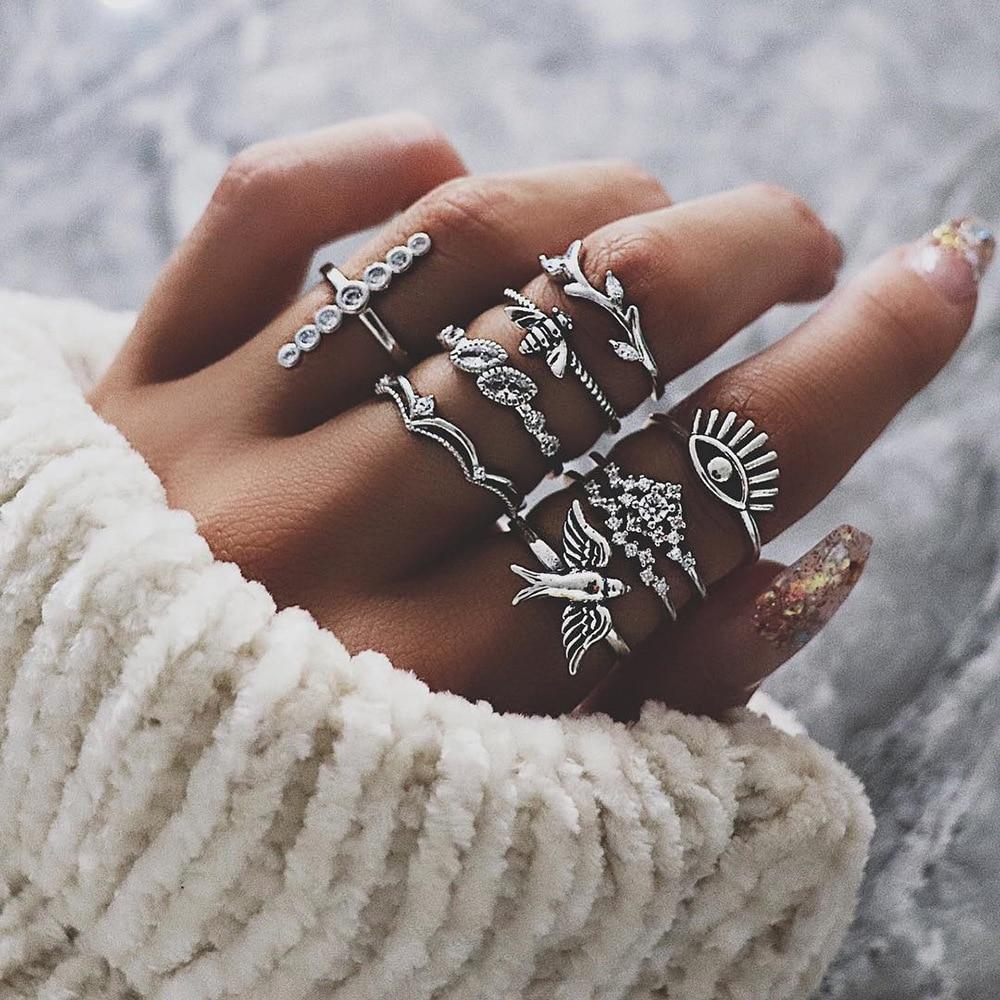 Women Crystal Finger Knuckle Rings Set For Girls Moon Lotus Charm Bohemian Ring Fashion Jewelry Gift