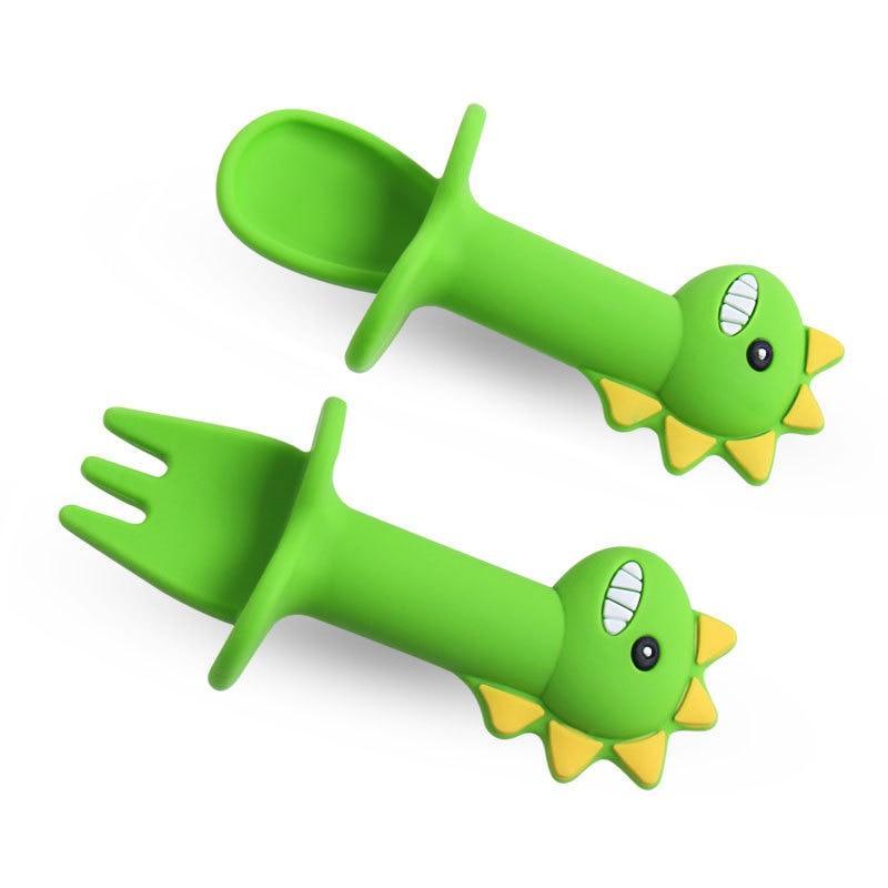 New Baby Feeding Spoon Fork Set Short Easy  Cartoon Dinosaur Soft Silicone  Teether Toys Non-hurt Training Tableware