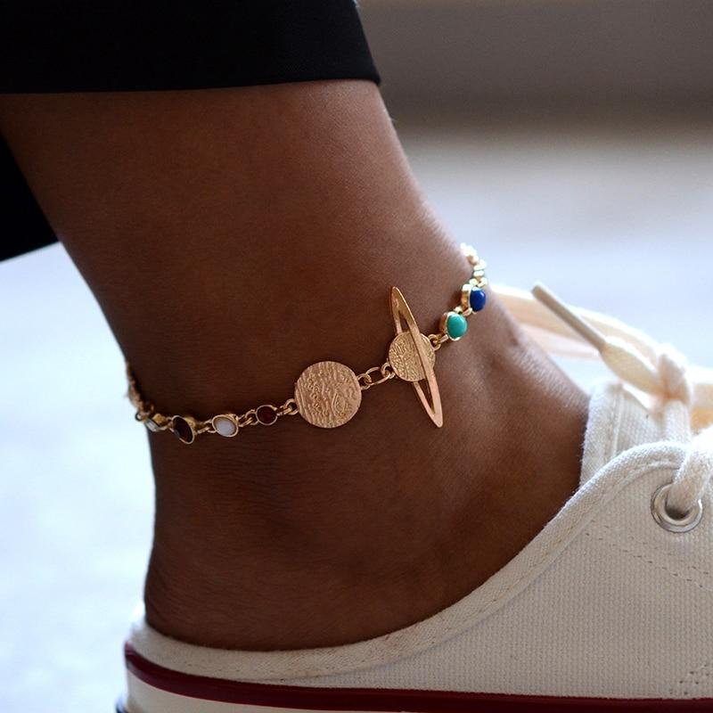 Round Beaded Bohemian Anklet For Women Accessories Gold Layers Leaf Barefoot Brecelets For WOman Legs and Sandals