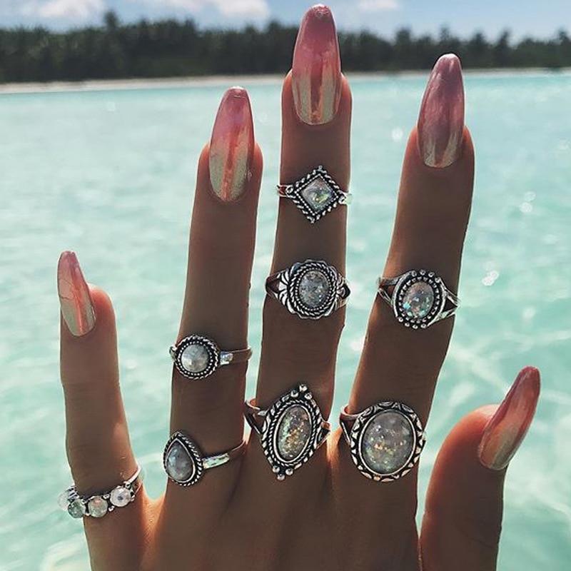 Boho Women Rings Set Compass Arrow Starfish Wave Moon Eyes Gem Gold Silver Color Opening Midi Ring Charm Lady Jewelry