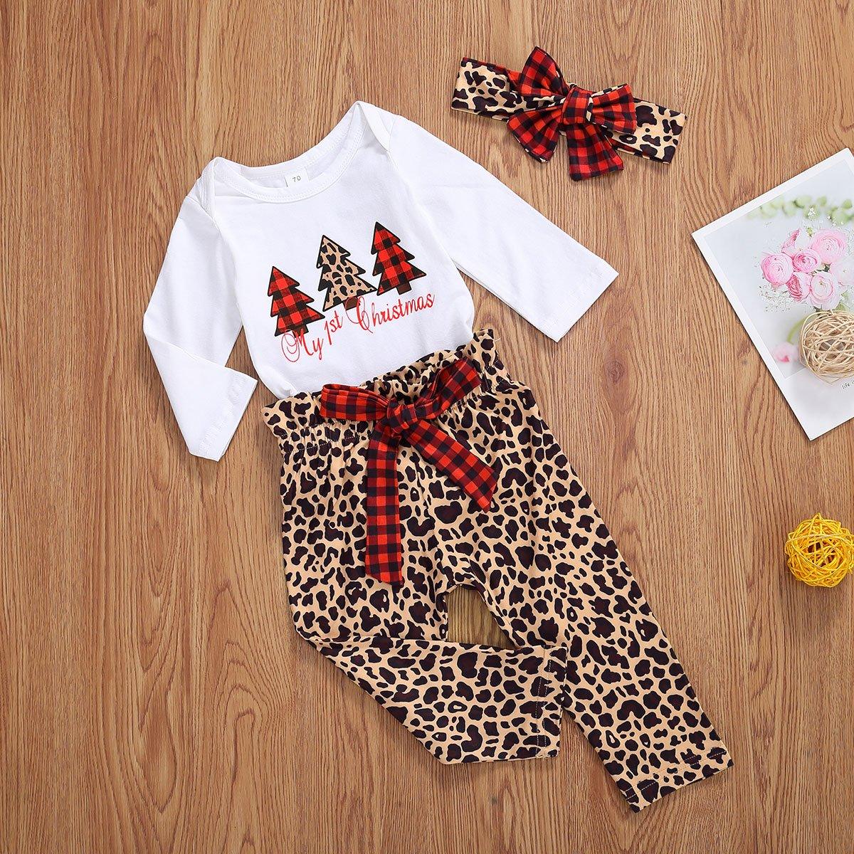 Newborn Baby Boys Girls Christmas Tree Printed Pullover Top and Leopard Pants Christmas Outfits 3pcs