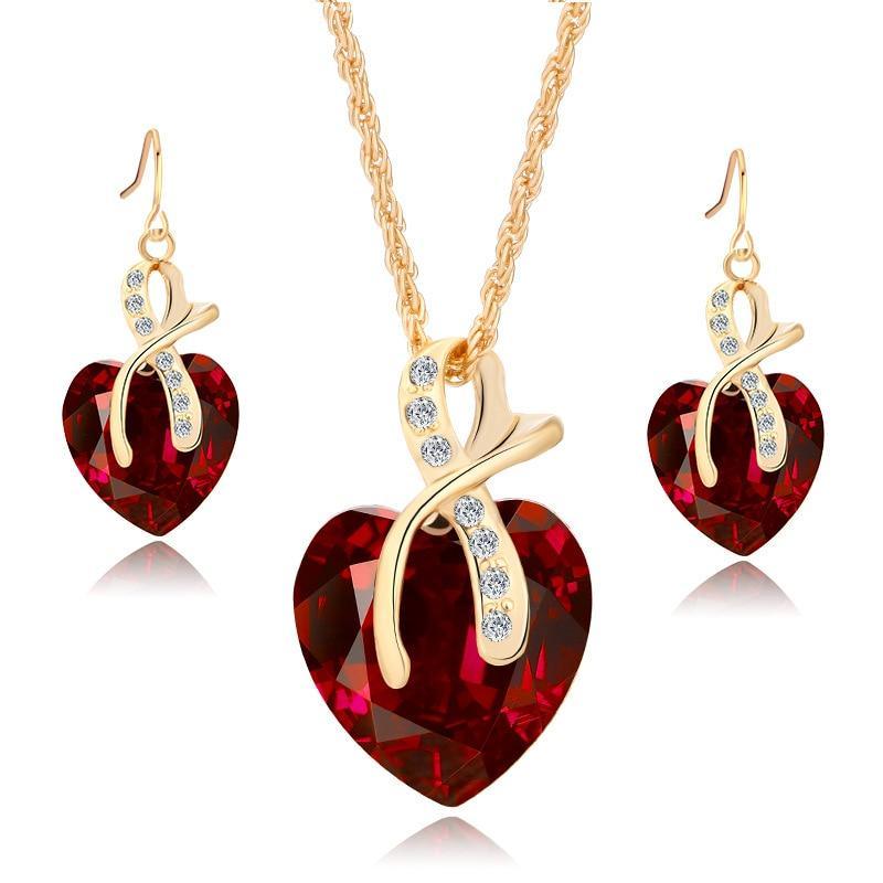 Luxury Fashion Jewelry Gold-color Romantic Austrian Crystal Heart Shape Chain Necklace and Earrings Jewelry Sets For Women