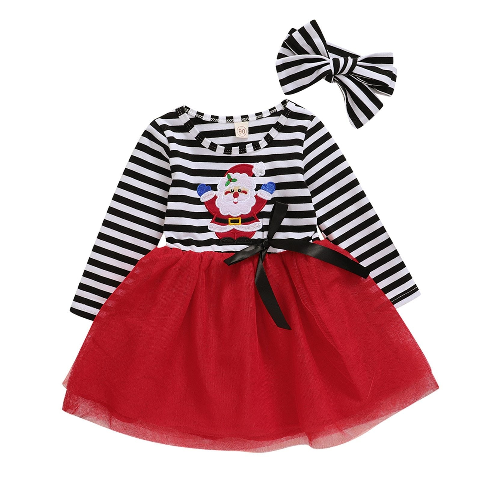 New Dress Baby Girls Christmas Santa Striped Print  Dress And Headband Outfits Children