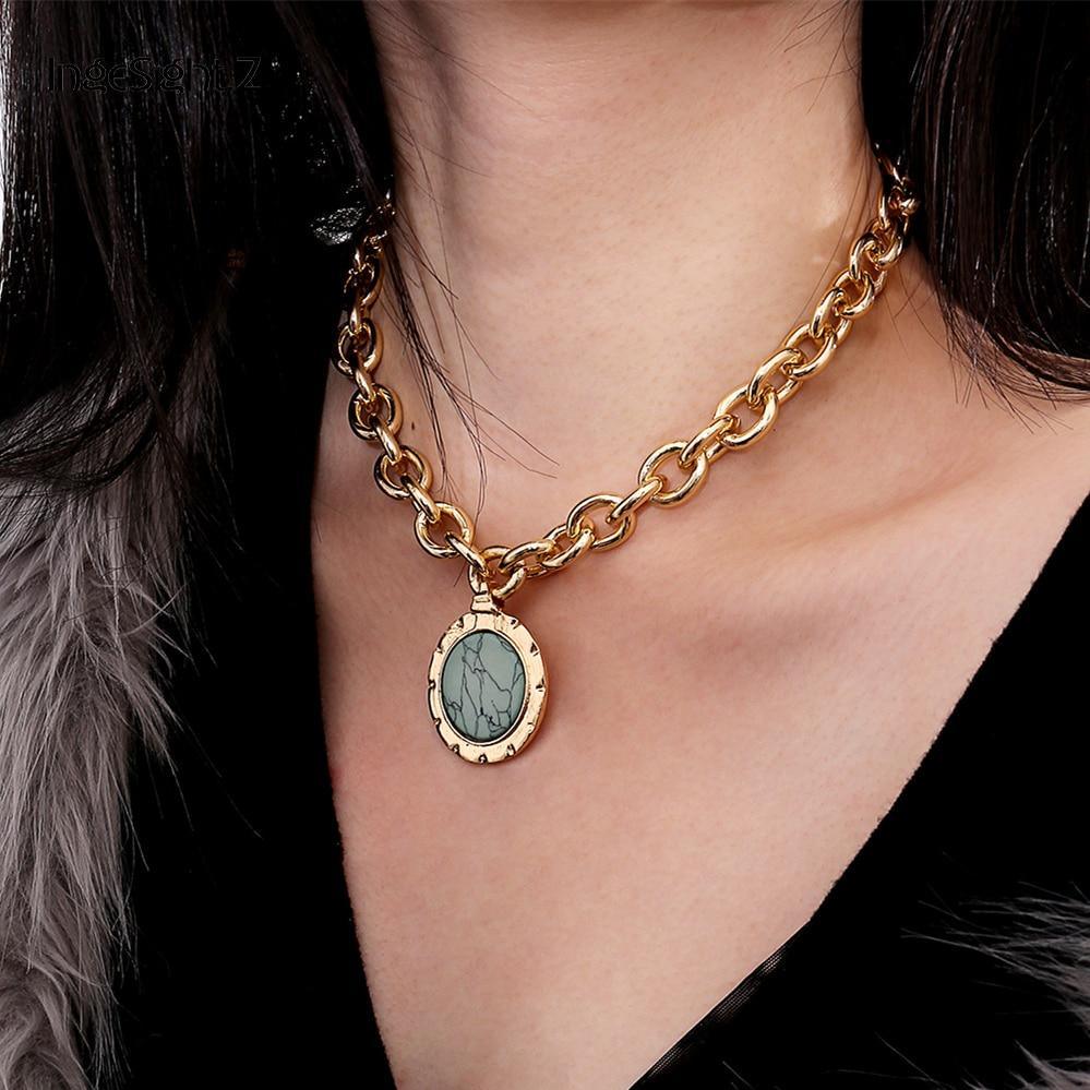 Luxury Vintage Green Stone Pendant Chain Necklace Statement Gold Color Heavy Metal Long Chain Necklace for Women