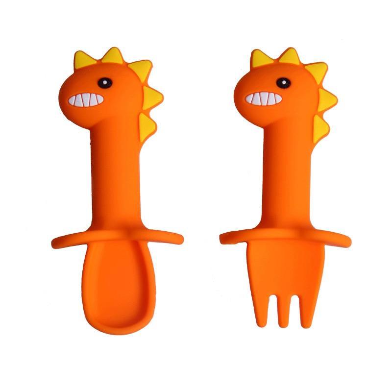 New Baby Feeding Spoon Fork Set Short Easy  Cartoon Dinosaur Soft Silicone  Teether Toys Non-hurt Training Tableware