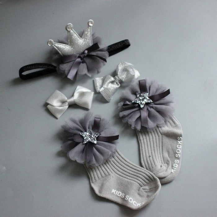 4PCS/SET Newborn Baby Girl Socks Ankle Princess Anti Slip Socks+Headband+Hair Pin For Baby