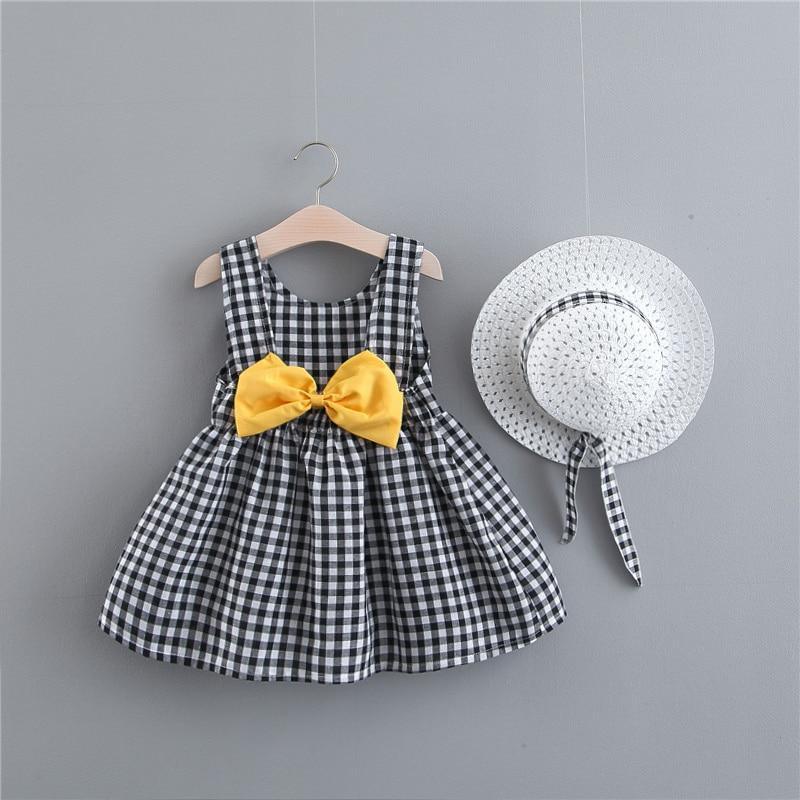 Print Plaid Bow Summer Princess Party Dress Infant Newborn Baby Dress+Hat 2pcs Kids Clothing Set