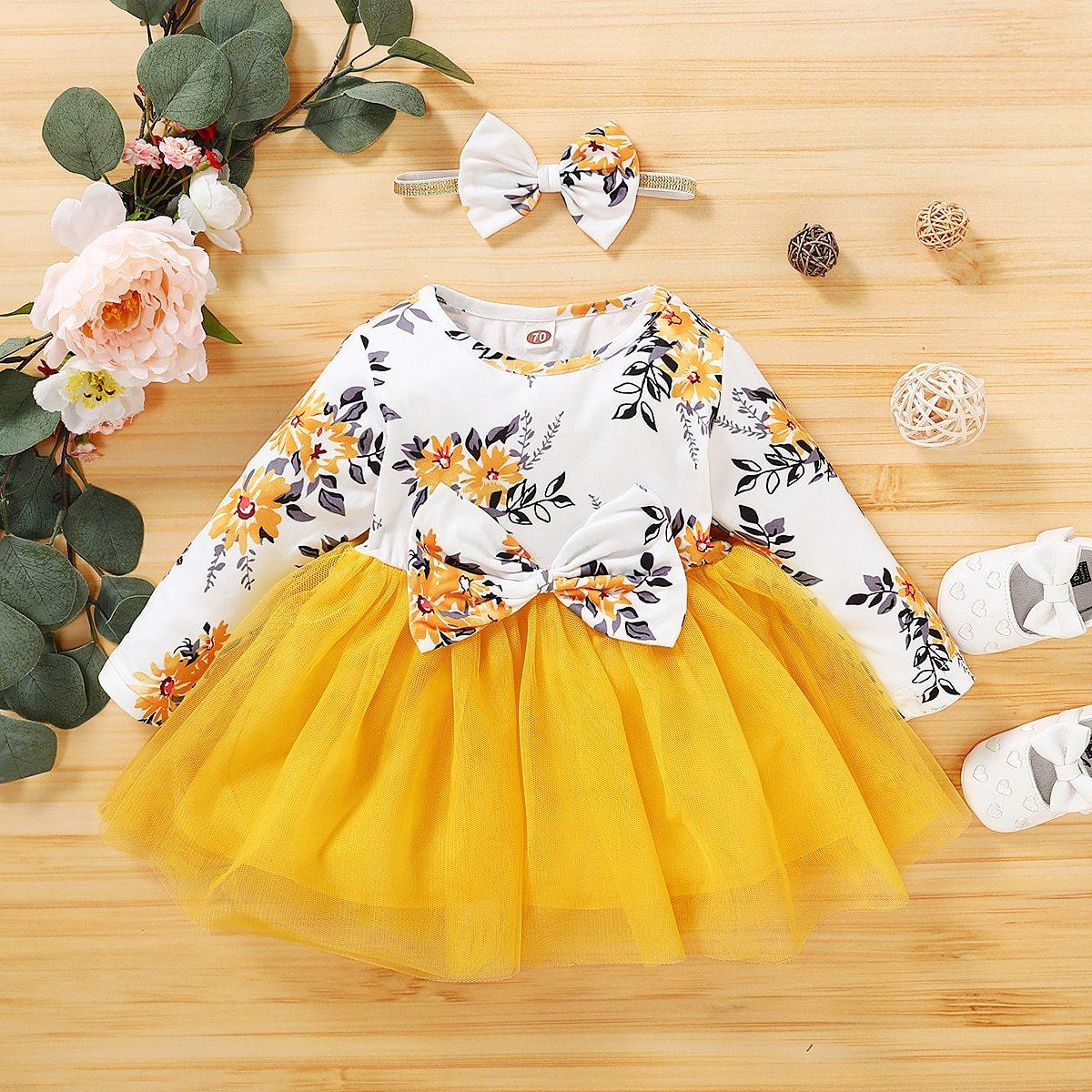 Baby Girl  Flower  Dress Pretty Bow  Outfits Long Sleeve Toddler Girl Unique Design Perfect Gift