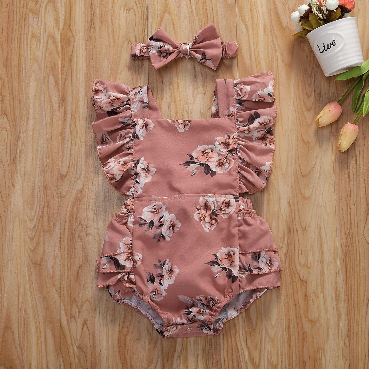 Modern 0-24M Newborn Baby Girls Flowers Print Ruffles Short Sleeve Jumpsuits Headband For Girls