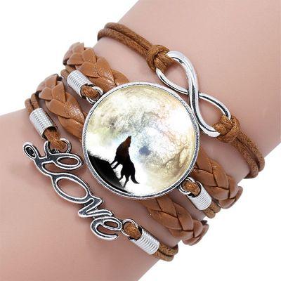 Classic Retro Wolf Head Elegant Bracelet Leather Bangle Luxury Bracelet Jewelry Boho Glass Moon Men Wrap Bangles For Men Women